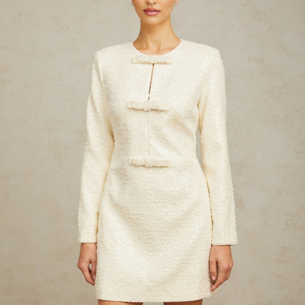 Donatella White Sequin Bowknot Hem Mini Dress Round Neck Long Sleeves Beaded Bowknot Shoulder Pads Rear Zip Fastening Terylene Fiber