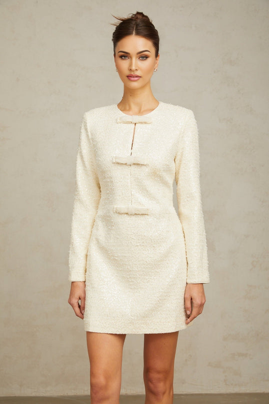 Donatella White Sequin Bowknot Hem Mini Dress Round Neck Long Sleeves Beaded Bowknot Shoulder Pads Rear Zip Fastening Terylene Fiber