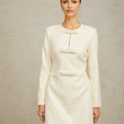 Donatella White Sequin Bowknot Hem Mini Dress