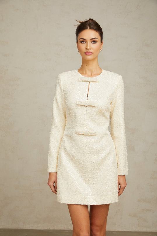 Donatella White Sequin Bowknot Hem Mini Dress