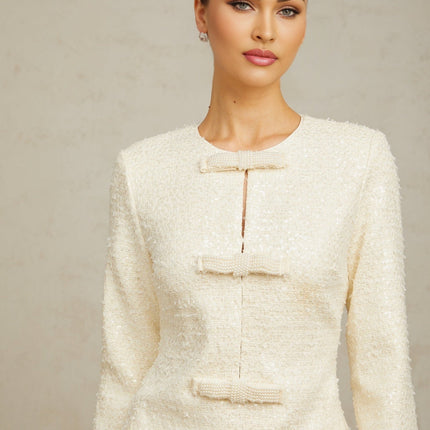 Donatella White Sequin Bowknot Hem Mini Dress