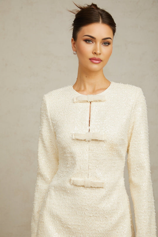 Donatella White Sequin Bowknot Hem Mini Dress