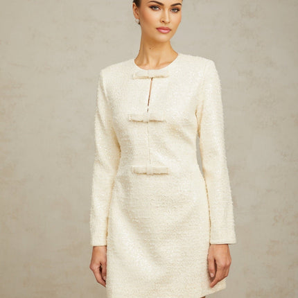 Donatella White Sequin Bowknot Hem Mini Dress