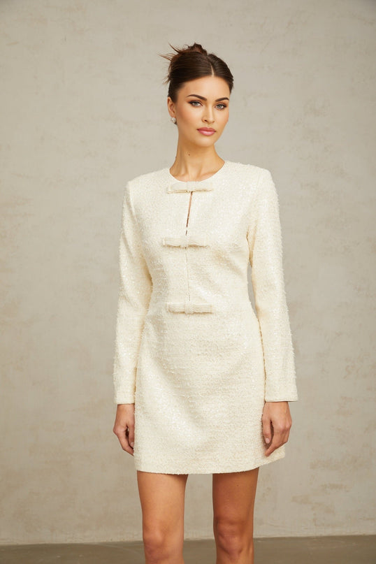 Donatella White Sequin Bowknot Hem Mini Dress