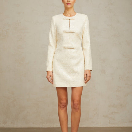 Donatella White Sequin Bowknot Hem Mini Dress