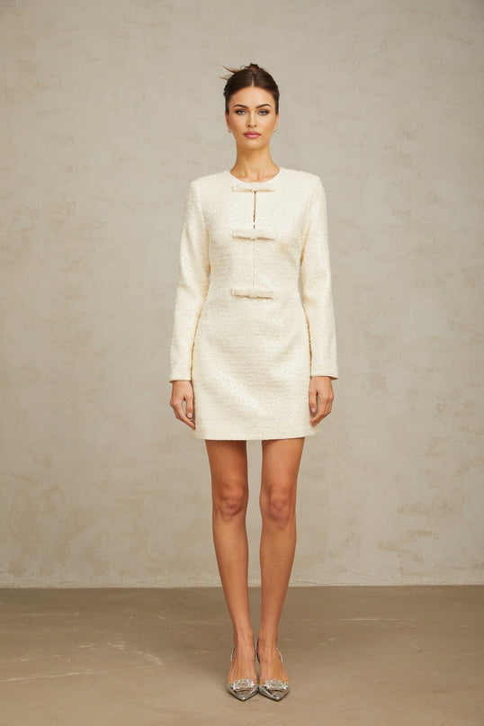 Donatella White Sequin Bowknot Hem Mini Dress