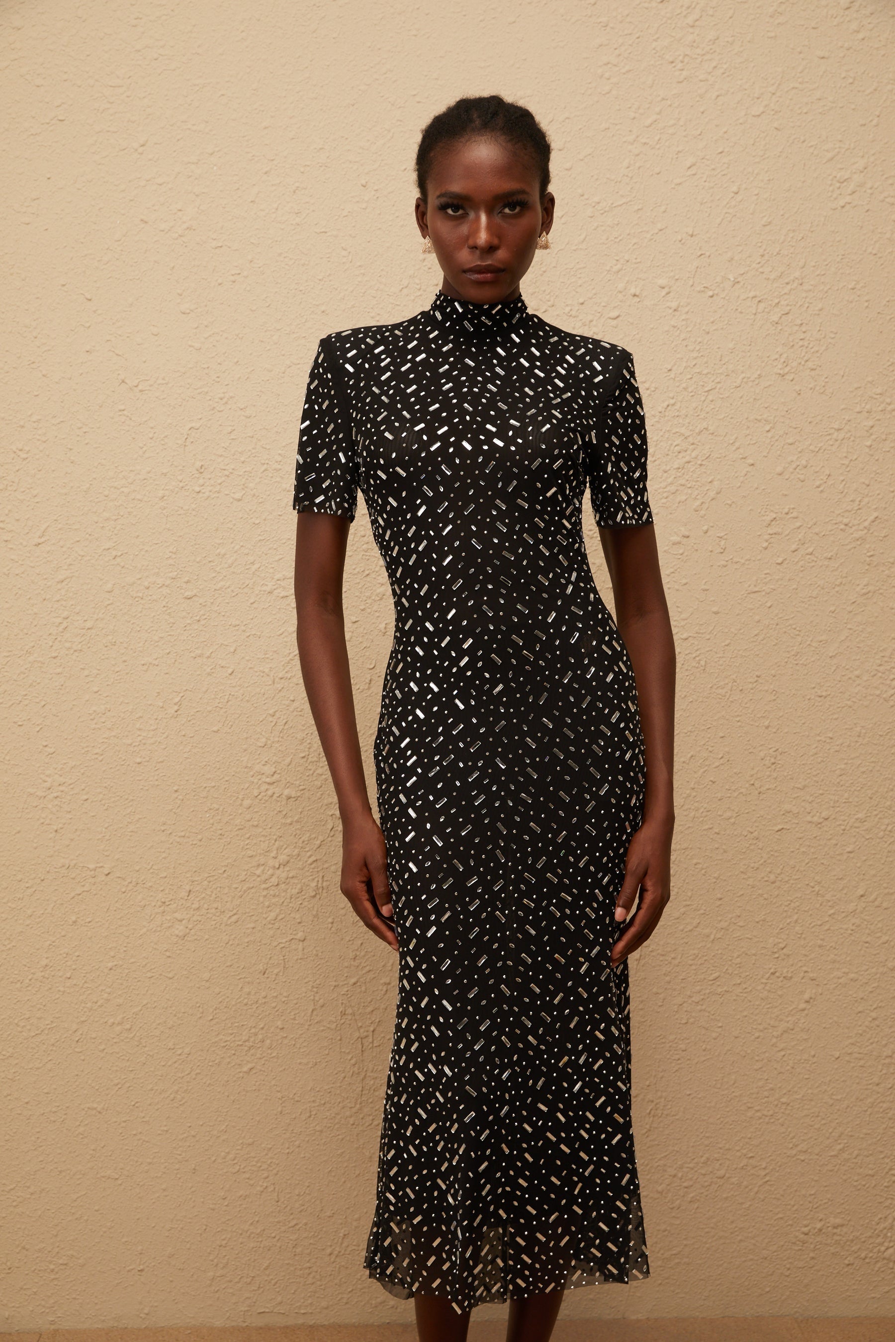 Donatienne Black Embellished Mesh Midi dress