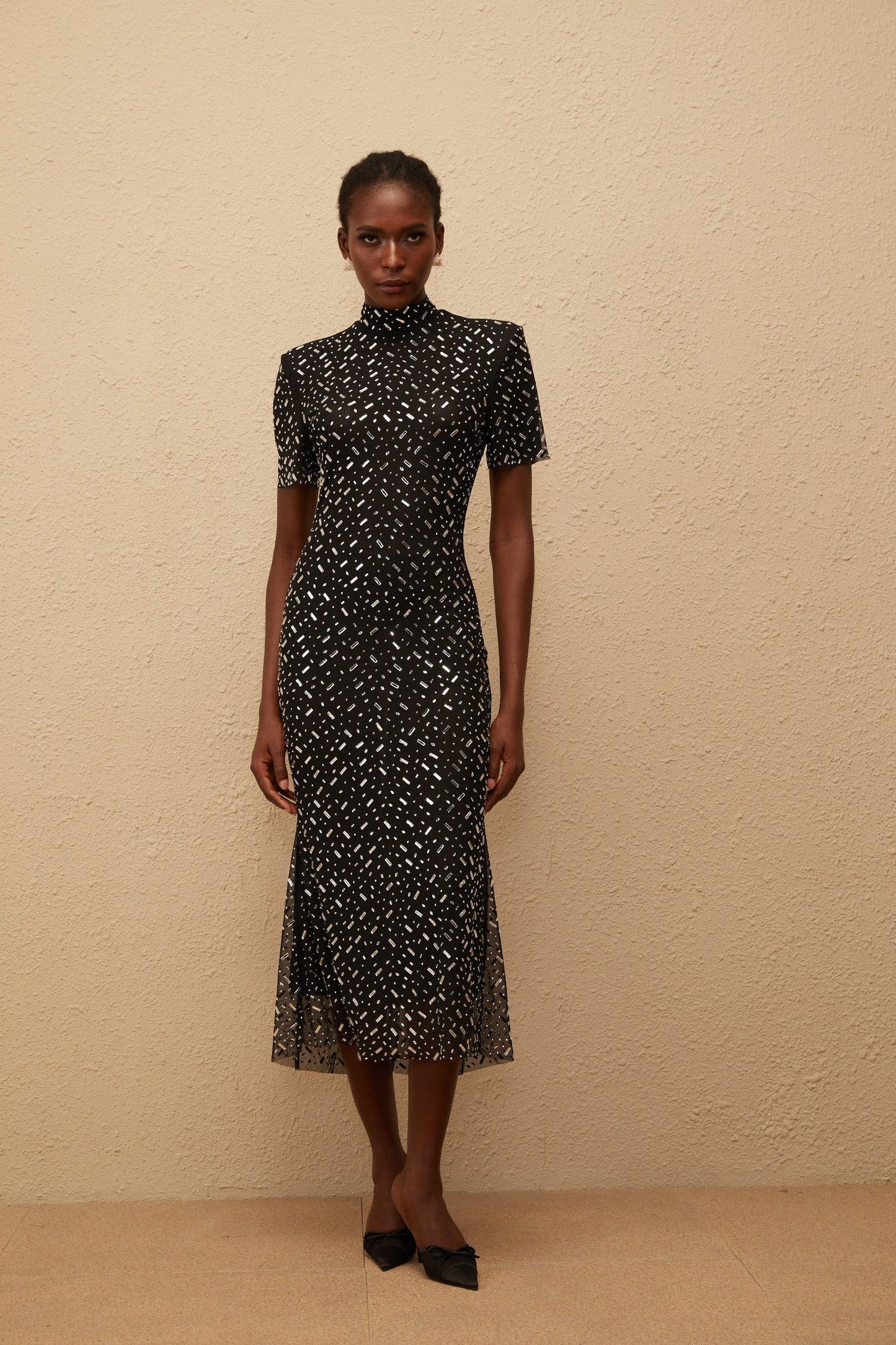 Donatienne Black Embellished Mesh Midi dress