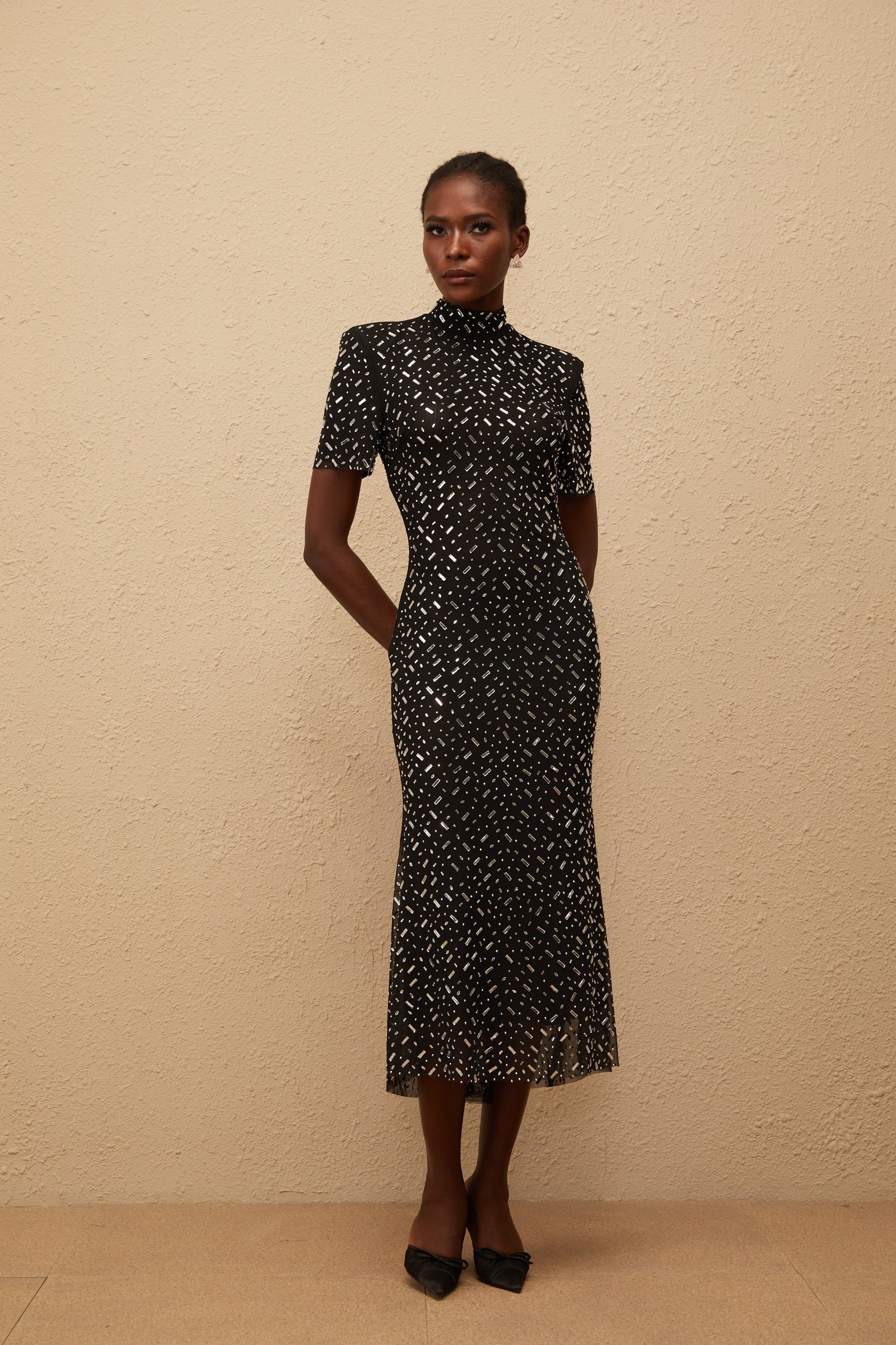 Donatienne Black Embellished Mesh Midi dress
