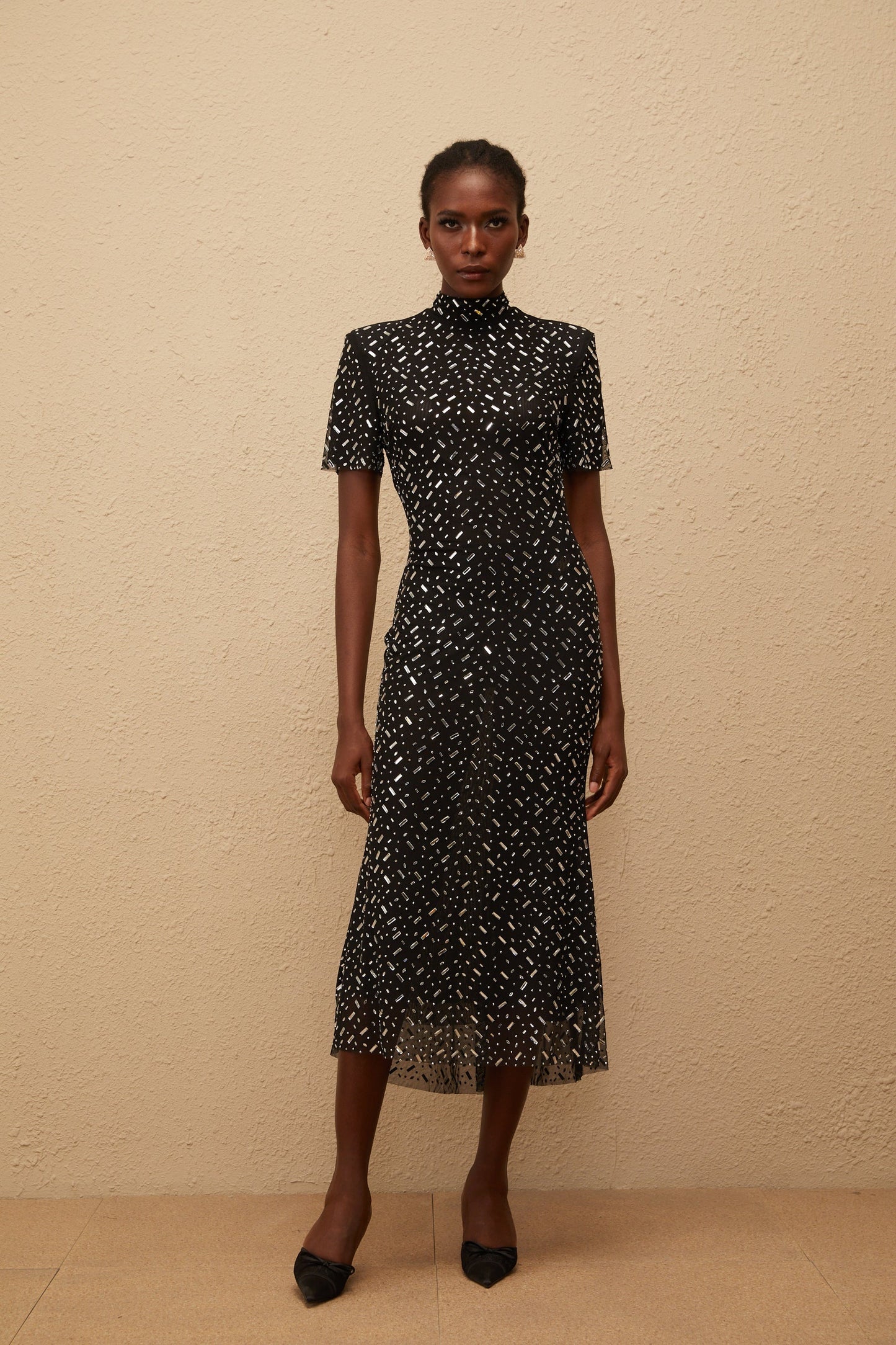 Donatienne Black Embellished Mesh Midi dress