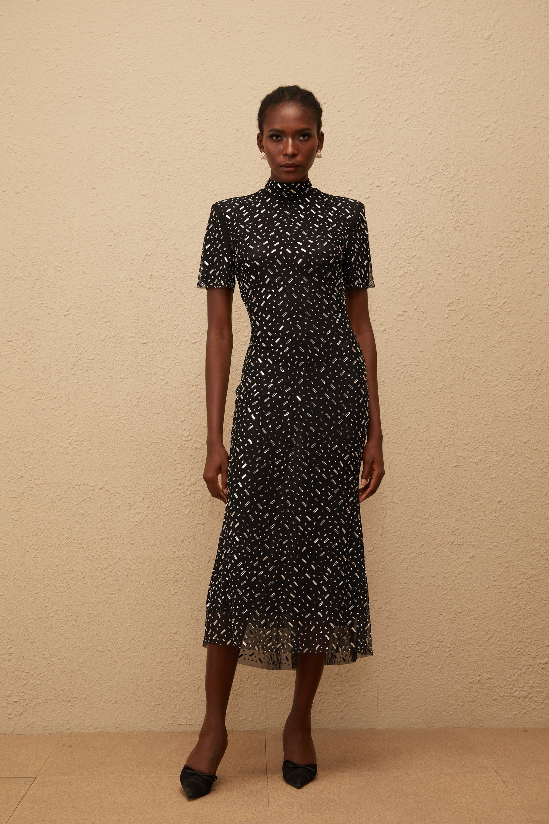 Donatienne Black Embellished Mesh Midi dress