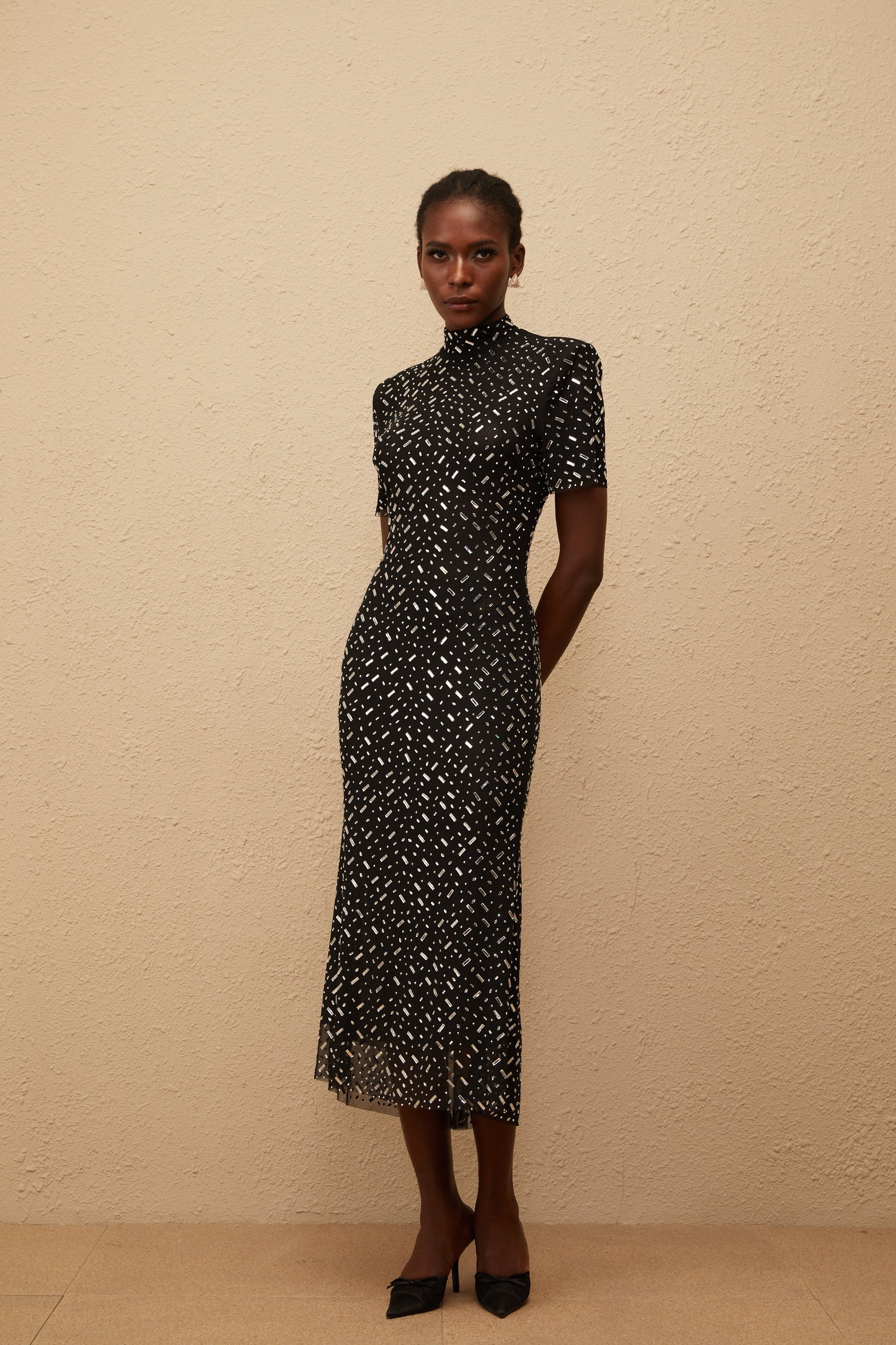 Donatienne Black Embellished Mesh Midi dress