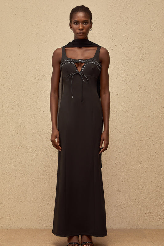 Donatienne Black Eyelet Corset Maxi Dress