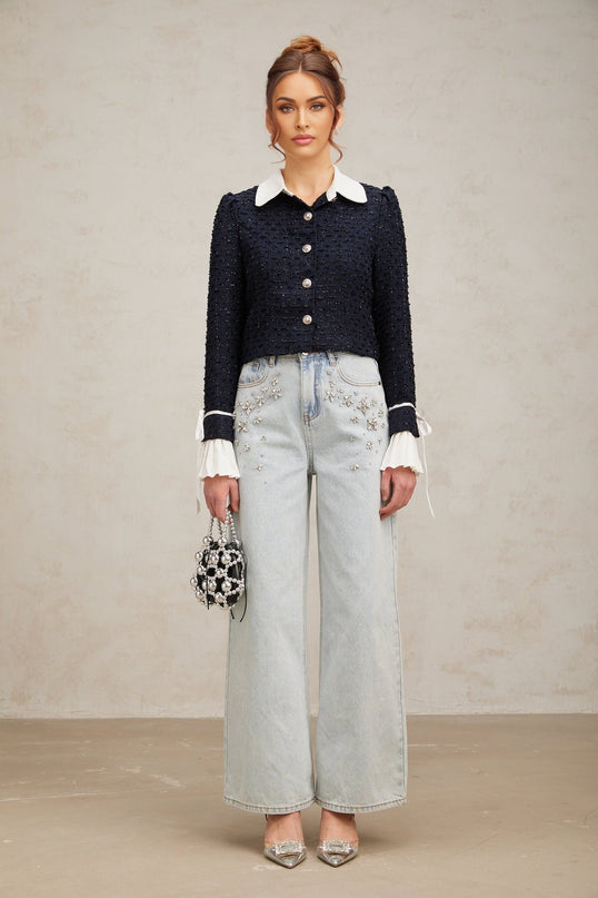 Doriane jacket in navy blue featuring tweed fabric with panelled design