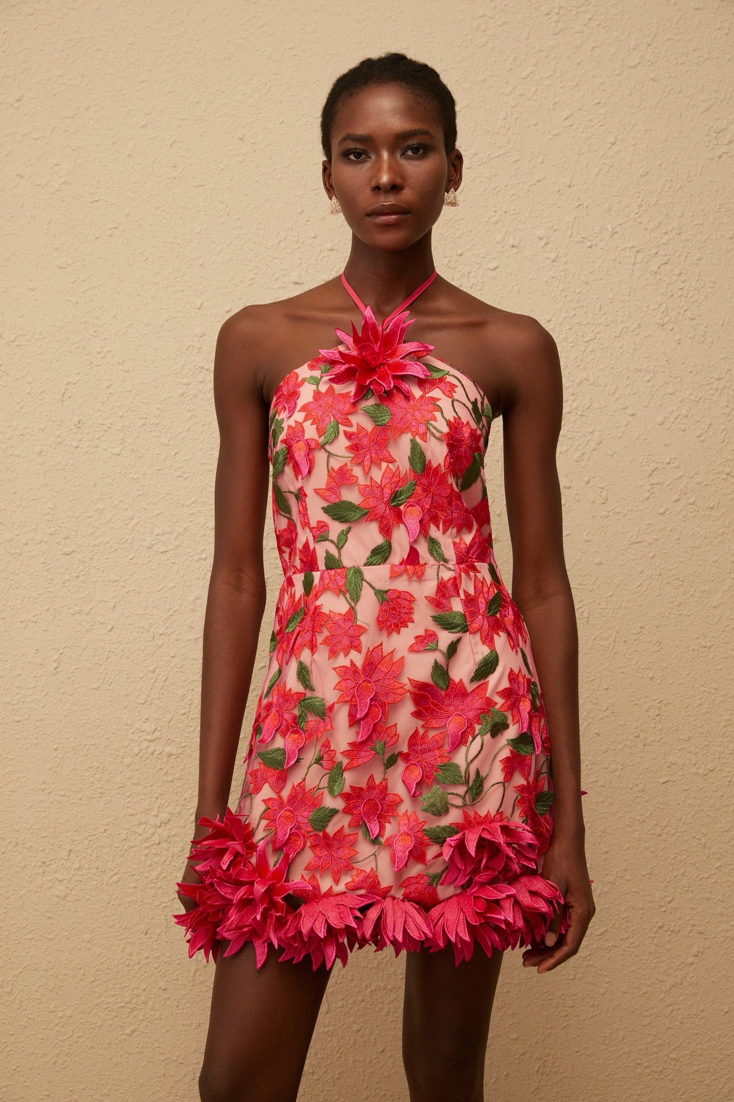 Doriane Red Halterneck Floral Embroidered Mini Dress