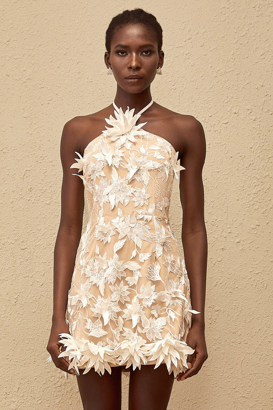 Doriane White Halterneck Floral Embroidered Mini Dress