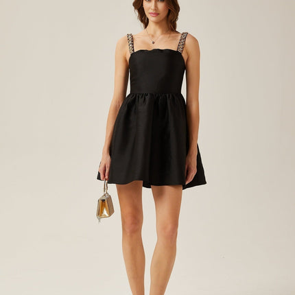 Dorotea Black Crystal Embellished A-Line Mini Dress with Pleated Detailing