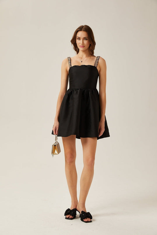 Dorotea Black Crystal Embellished A-Line Mini Dress with Pleated Detailing