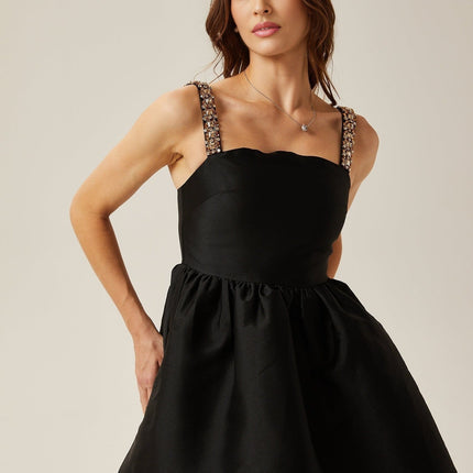 Dorotea Black Crystal Embellished A-Line Mini Dress with Pleated Detailing and Flared Skirt