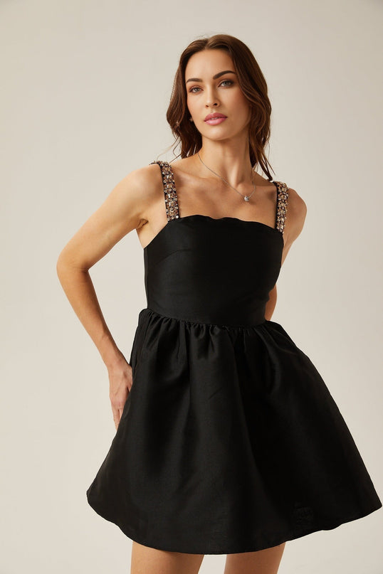 Dorotea Black Crystal Embellished A-Line Mini Dress with Pleated Detailing and Flared Skirt