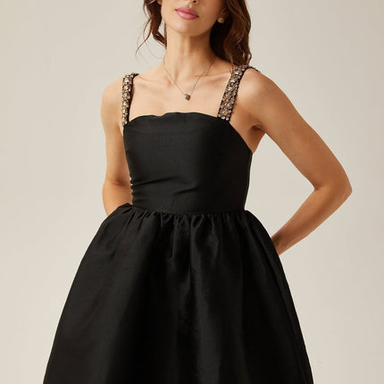 Dorotea Black Crystal Embellished A-Line Mini Dress with Pleated Detailing and Flared Skirt