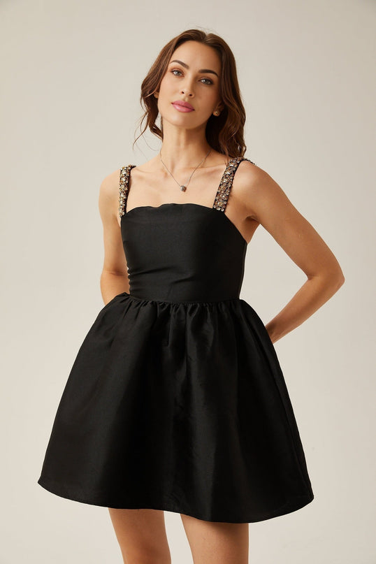 Dorotea Black Crystal Embellished A-Line Mini Dress with Pleated Detailing and Flared Skirt