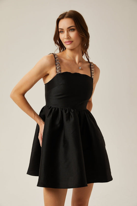 Dorotea Black Crystal Embellished A-Line Mini Dress