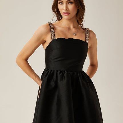 Dorotea Black Crystal Embellished A-Line Mini Dress with Pleated Detailing and Flared Skirt