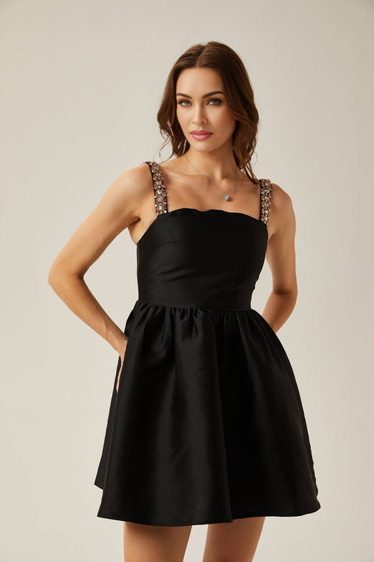 Dorotea Black Crystal Embellished A-Line Mini Dress with Pleated Detailing and Flared Skirt