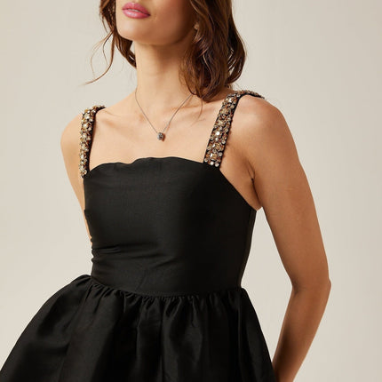 Dorotea Black Crystal Embellished A-Line Mini Dress