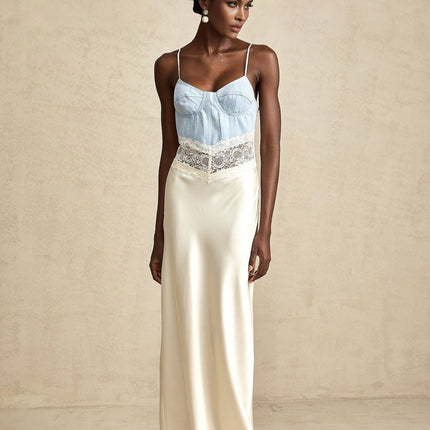 Dorotea Maxi Dress in Medium Blue & Light Beige Cotton Denim with Lace Trim and Panelled Design