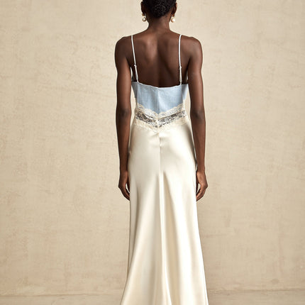 Dorotea Maxi Dress Medium Blue & Light Beige Lace Trim Panelled Design Cotton Blend Denim Satin Weave Sleeveless Contrast Stitching Adjustable Spaghetti Straps Side Hook Zip Fastening Elegant Comfortable 100% Cotton