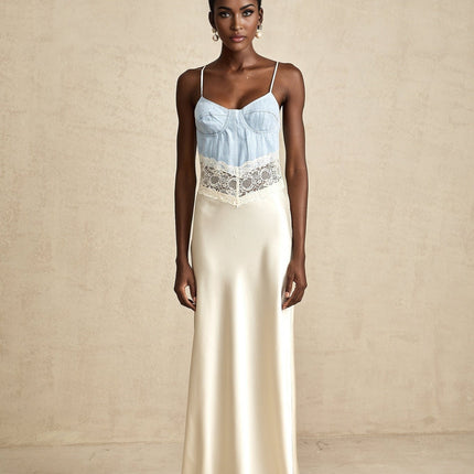 Dorotea Maxi Dress Medium Blue & Light Beige Lace Trim Panelled Design Cotton Blend Denim Satin Weave Sleeveless Contrast Stitching Adjustable Straps Side Hook Zip Fastening Elegant Comfortable 100% Cotton