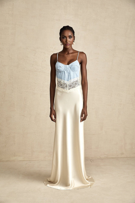 Dorotea Maxi Dress Medium Blue & Light Beige Lace Trim Panelled Design Cotton Blend Denim Satin Weave Sleeveless Contrast Stitching Adjustable Straps Side Hook Zip Fastening Elegant Comfortable 100% Cotton