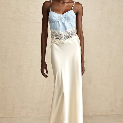 Dorotea Maxi Dress in Medium Blue & Light Beige with Lace Trim and Panelled Design