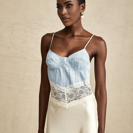 Dorotea Maxi Dress Medium Blue & Light Beige Cotton Blend Denim Lace Trim Panelled Design Scoop Neck Sleeveless Contrast Stitching Adjustable Spaghetti Straps Side Hook Zip Fastening 100% Cotton