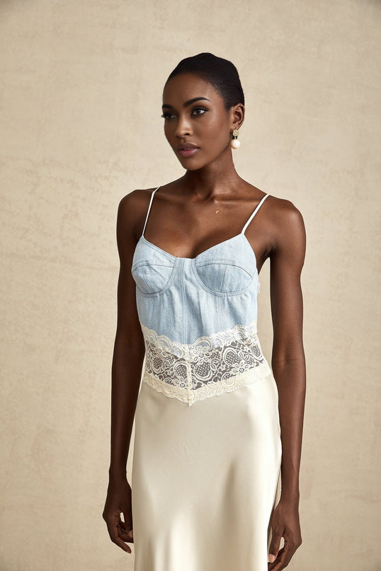Dorotea Maxi Dress Medium Blue & Light Beige Cotton Blend Denim Lace Trim Panelled Design Scoop Neck Sleeveless Contrast Stitching Adjustable Spaghetti Straps Side Hook Zip Fastening 100% Cotton