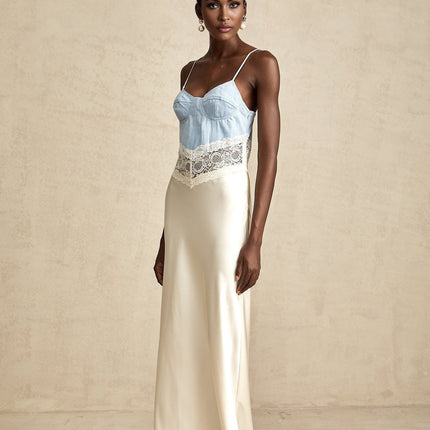 Dorotea Maxi Dress Medium Blue & Light Beige Cotton Blend Denim Lace Trim Panelled Design Scoop Neck Sleeveless Contrast Stitching Spaghetti Straps Side Hook Zip Fastening 100% Cotton