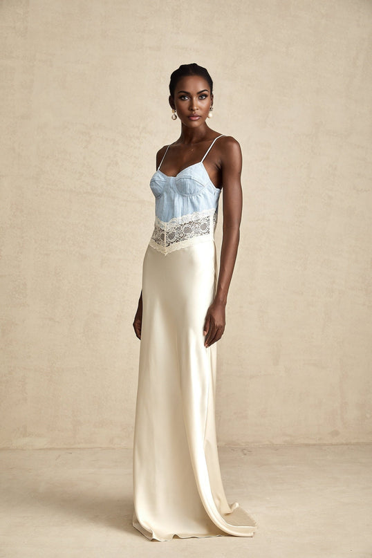Dorotea Maxi Dress Medium Blue & Light Beige Cotton Blend Denim Lace Trim Panelled Design Scoop Neck Sleeveless Contrast Stitching Spaghetti Straps Side Hook Zip Fastening 100% Cotton