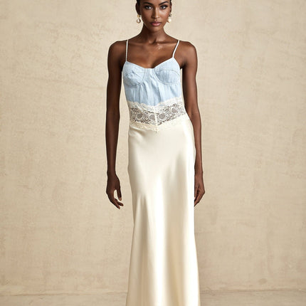 Dorotea Maxi Dress Medium Blue & Light Beige Cotton Blend Denim Satin Weave Lace Trim Panelled Design Contrast Stitching Adjustable Spaghetti Straps Side Hook Zip Fastening Elegant Comfortable 100% Cotton