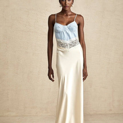Dorotea Maxi Dress in Medium Blue & Light Beige cotton blend denim with lace trim and panelled design