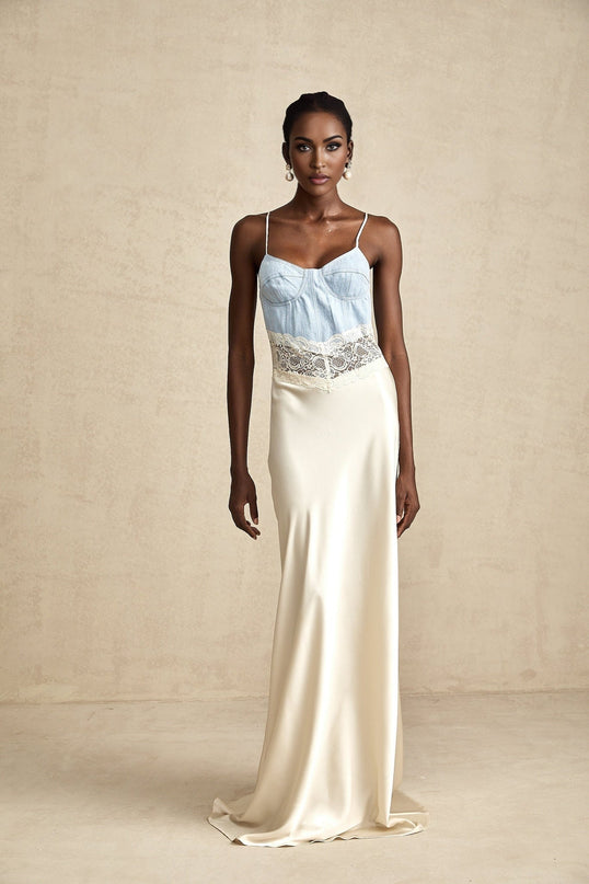 Dorotea Maxi Dress in Medium Blue & Light Beige cotton blend denim with lace trim and panelled design