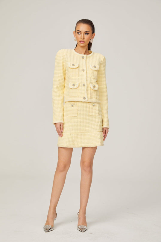 Dorotea Pastel Yellow Sequin Embellished Jacket and Skirt Set