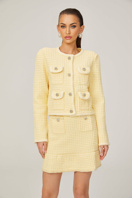 Dorotea Pastel Yellow Sequin Embellished Jacket and Skirt Set