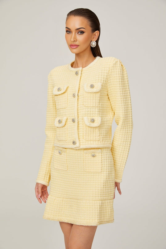 Dorotea Pastel Yellow Sequin Embellished Jacket Skirt Set