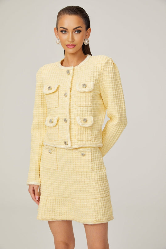 Dorotea Pastel Yellow Sequin Embellished Jacket and Skirt Set