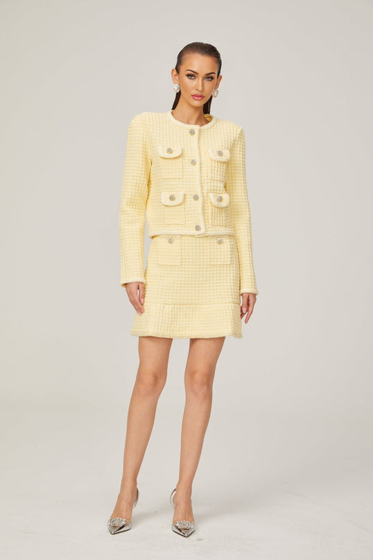 Dorotea Pastel Yellow Sequin Embellished Jacket and Skirt Set