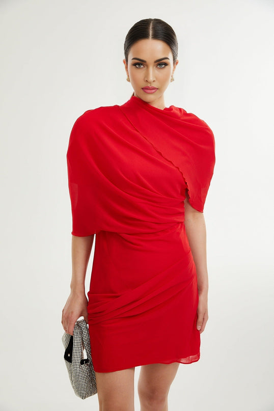 Dorotea Red Asymmetric Mini Dress with Open Back and Shoulder Pads