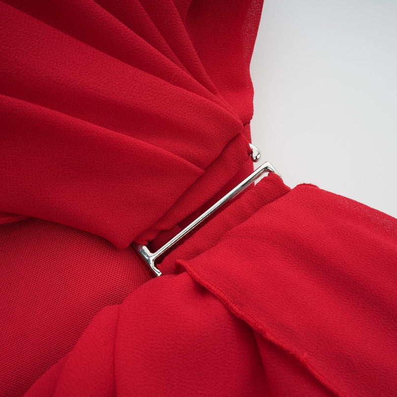 Dorotea Red Asymmetric Mini Dress with Open Back and Shoulder Pads