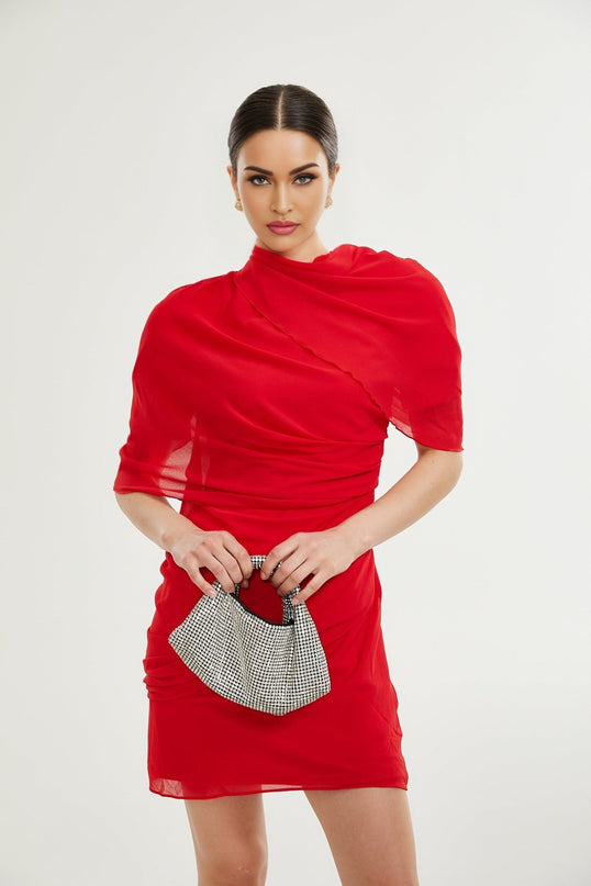 Dorotea Red Asymmetric Mini Dress with Open Back and Shoulder Pads